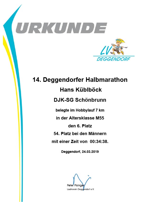 Hans Küblböck | 6. Platz (M55) Deggendorf Hobbylauf 7 km